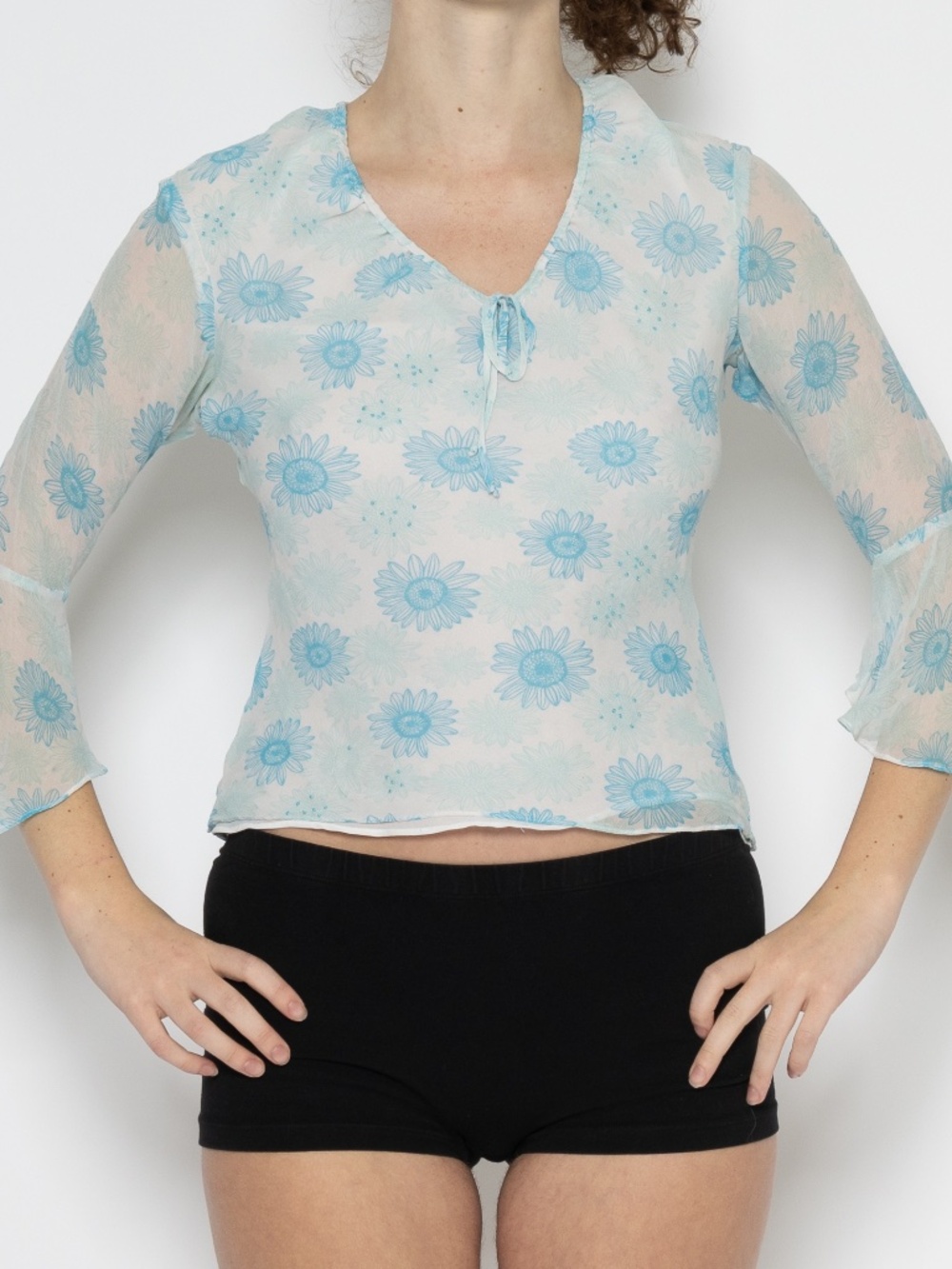 Y2k silk beaded blouse blue white flower print size small anne carson